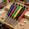 A set of refillable woodworking marker pencils in various colors, including blue, red, green, yellow, and black.