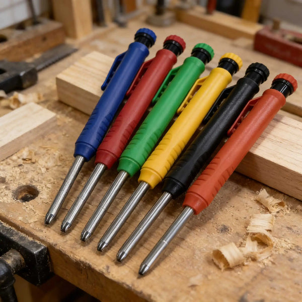 A set of refillable woodworking marker pencils in various colors, including blue, red, green, yellow, and black.