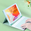 A Bluetooth keyboard case for an iPad is shown open, with the tablet displaying an Apple interface and a white keyboard resti