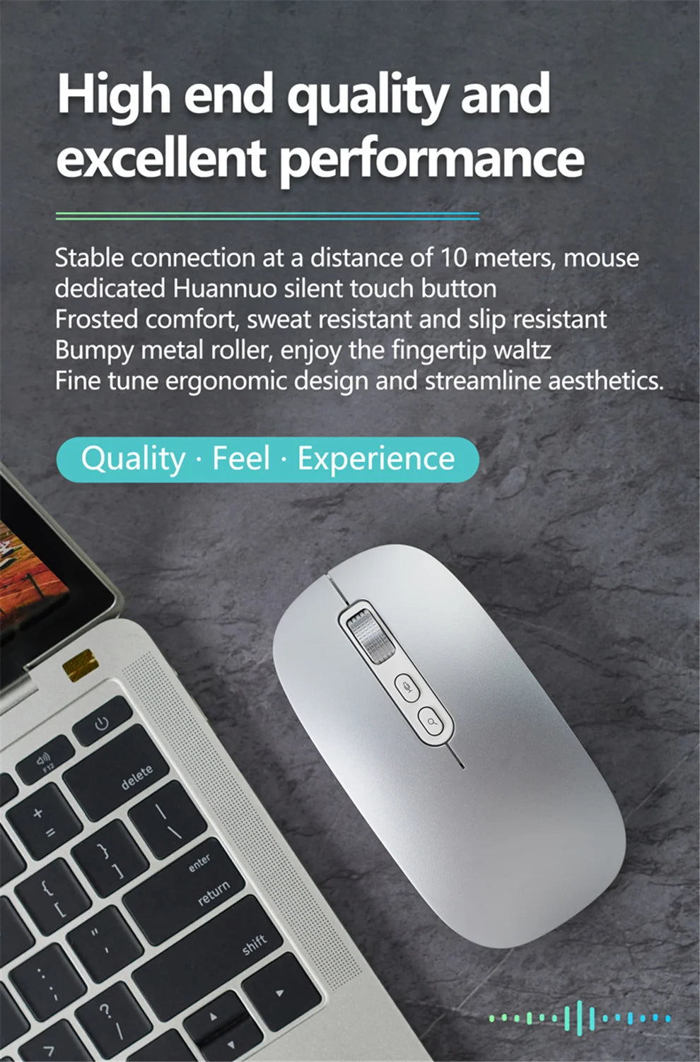 A silver AI voice typing mouse is shown next to a laptop keyboard.