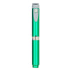A green reusable injection pen with a silver cartridge and a clear indicator light.