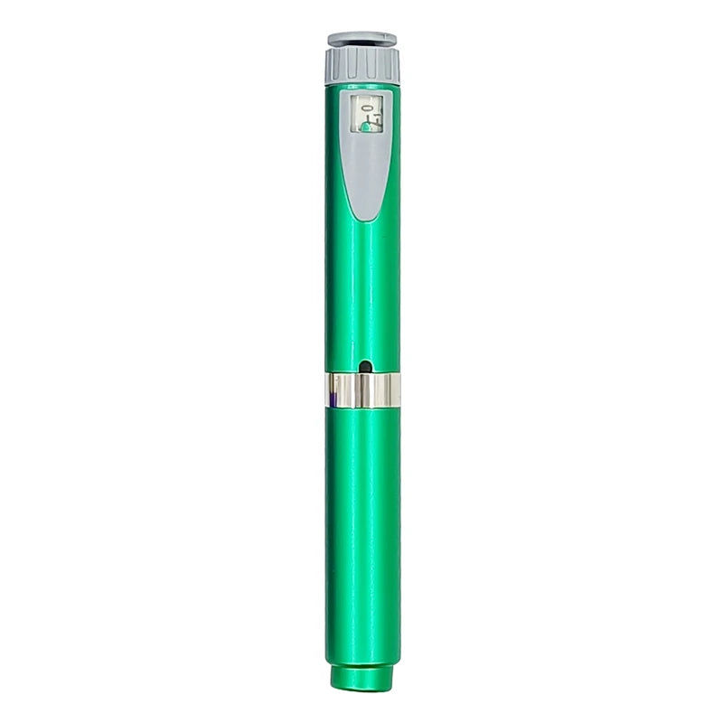 A green reusable injection pen with a silver cartridge and a clear indicator light.