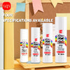 Four specifications of Glue Stick craft glue in various colors and sizes displayed on a wooden surface.