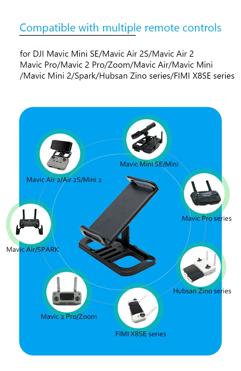 Control remoto de dron DJI negro mostrado con varios modelos de drones compatibles listados a su alrededor.