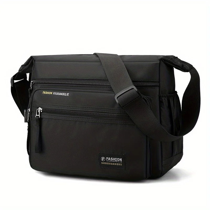 Black women's multifunctional crossbody bag with a padded strap and zippered compartments.