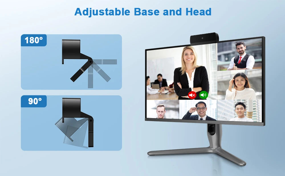 Adjustable base and head webcam showing various angles for streaming and video calls