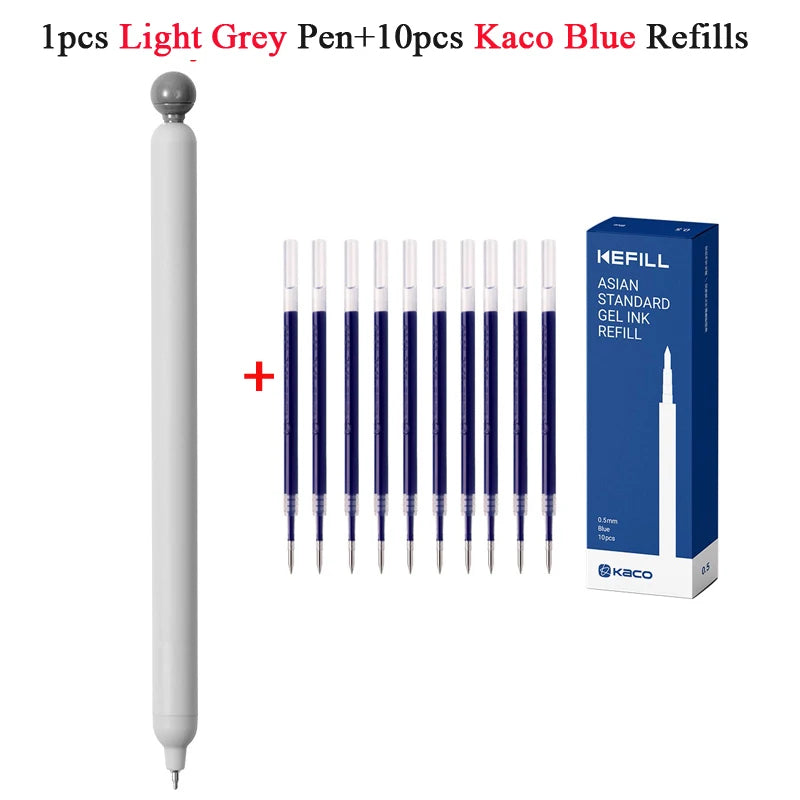 A set of 10 Kaco Blue gel ink refills for a light grey pen, packaged in a blue box.