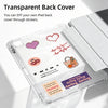A clear acrylic back cover for an iPad showing various stickers and text designs.