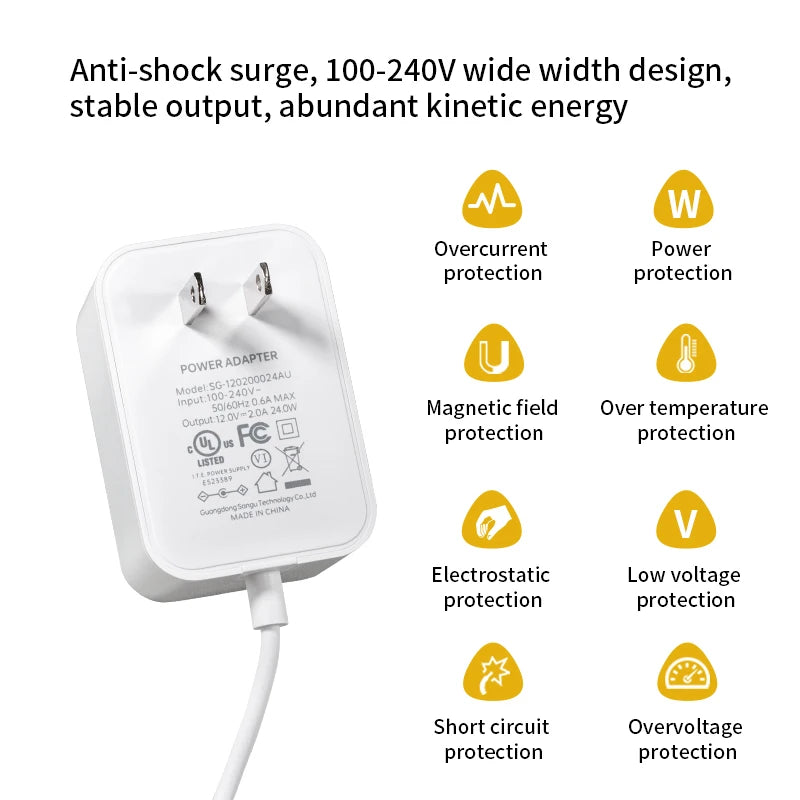 White universal DC switching power adapter with various protection features listed