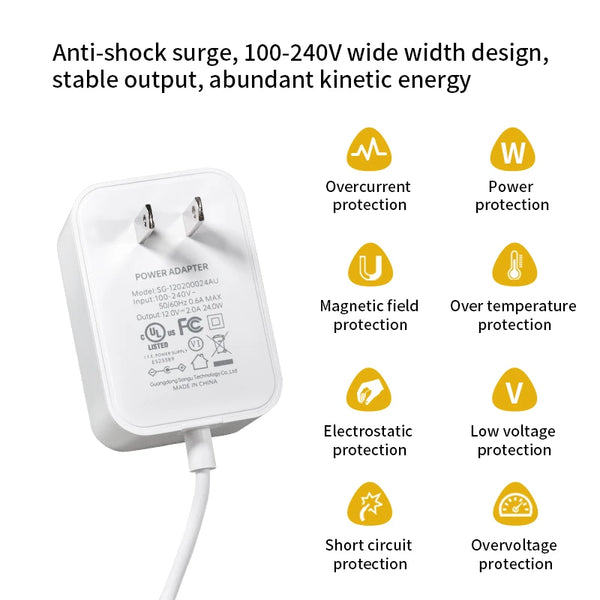 White universal DC switching power adapter with various protection features listed