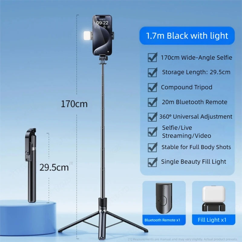 A black selfie stick with a camera, Bluetooth remote, and fill light mounted on a tripod stand.