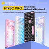 Three-mode mechanical keyboard featuring pink, blue, and black color variations with cool lighting effects.