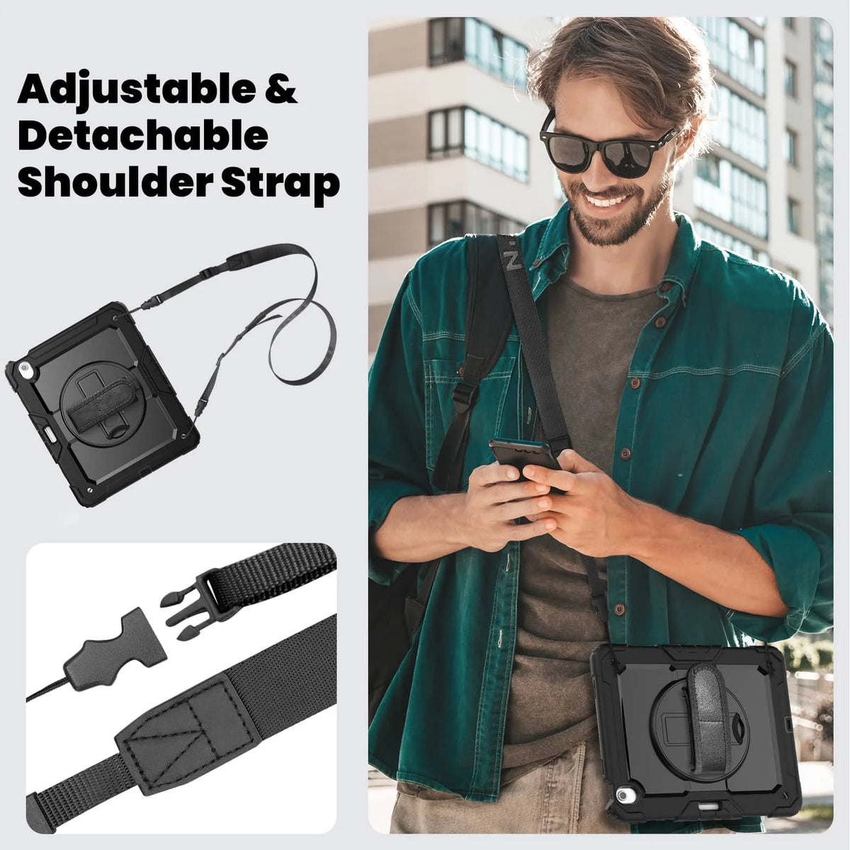 A man wearing a green shirt holds an iPad case with a detachable shoulder strap and built-in screen protector.