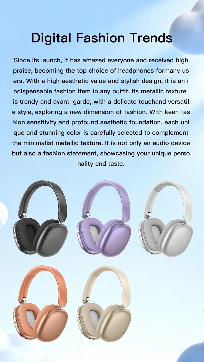A collection of wireless over-ear headphones in various metallic and pastel colors, including silver, lavender, and rose gold