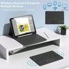 A wireless keyboard supports multiple devices including a laptop, iPad, and phone.
