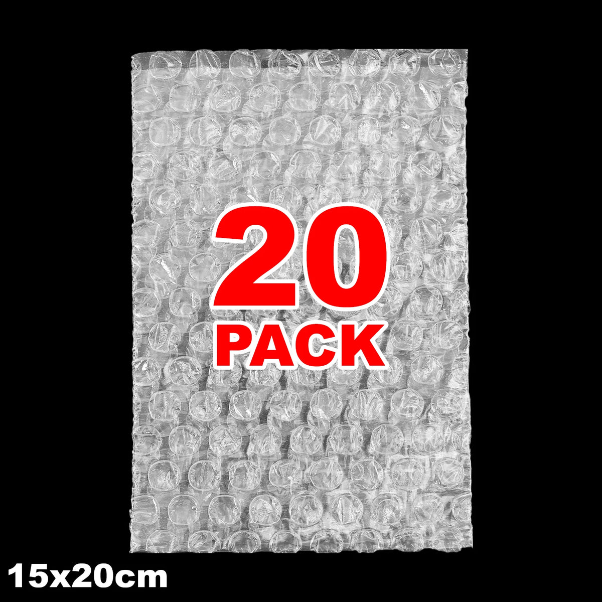 A sheet of clear bubble wrap, packaged as a 20 pack, measuring 15x20 cm.