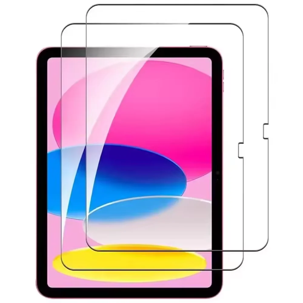 A pink iPad screen protector with a clear glass layer and a protective film surrounding it.
