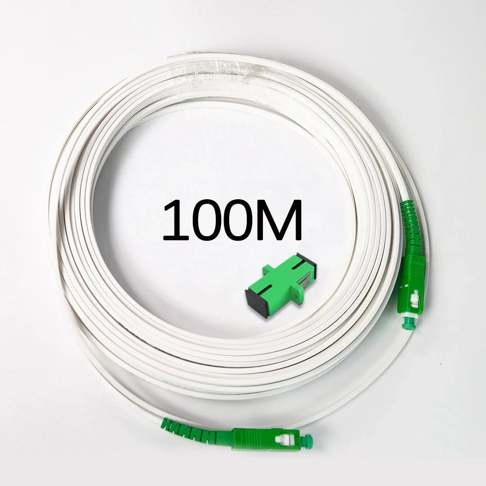 A coil of 100 meter single-mode fiber optic cable with green connectors is shown on a white background.