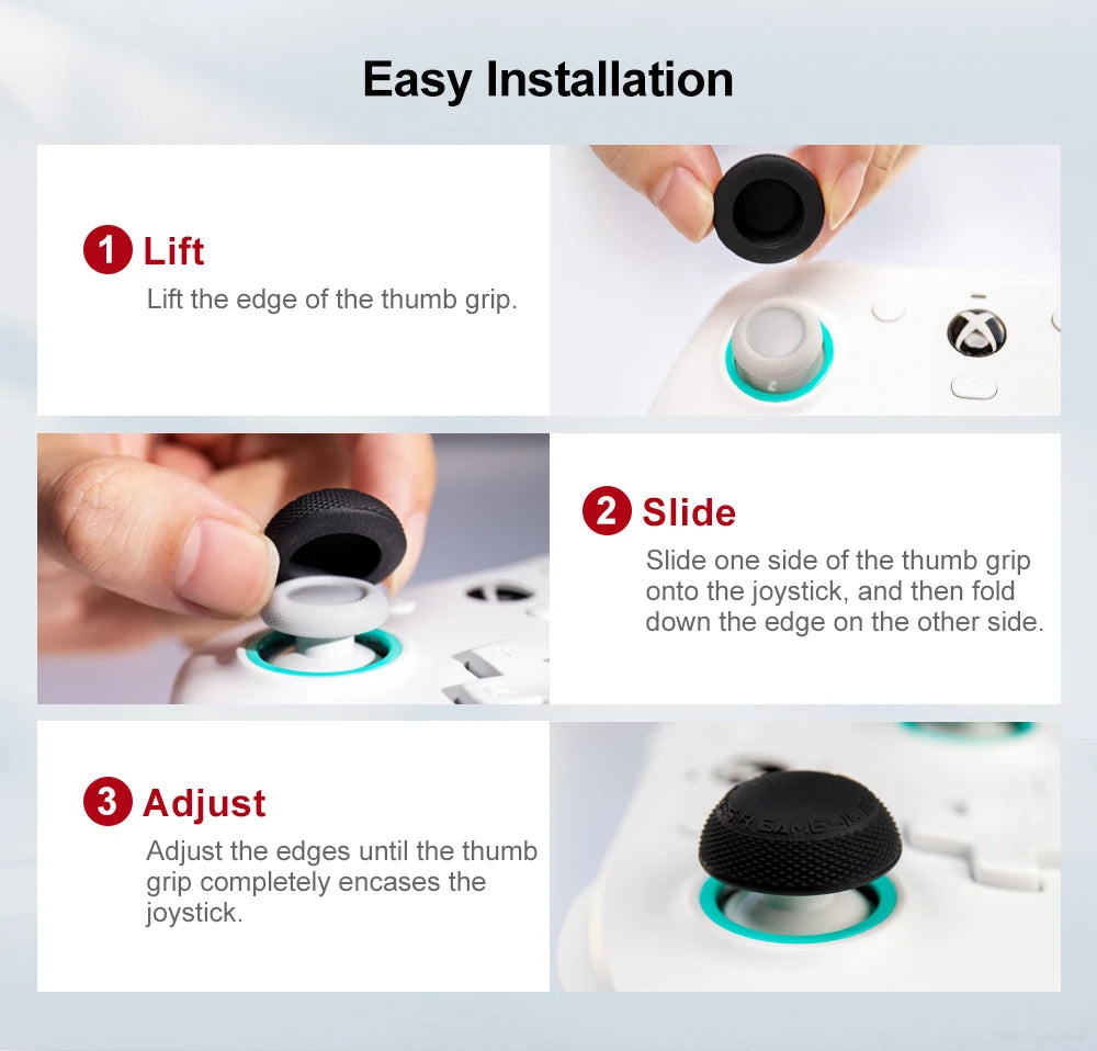 Instructions showing how to lift, slide, and adjust silicone thumb grips onto a joystick.