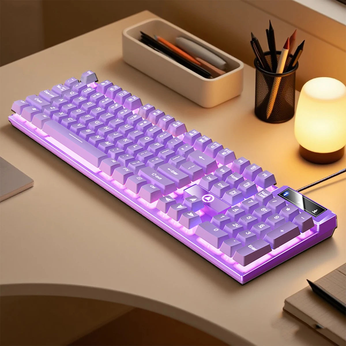 A purple low profile wired gaming keyboard with a numeric keypad is displayed on a wooden desk.