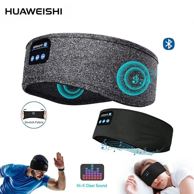 A black sports and sleep headband with integrated hi-fi clear sound features shown alongside a close-up of the fabric.