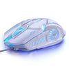 A white wired gaming mouse with blue LED accents and a textured shell is shown on a surface.