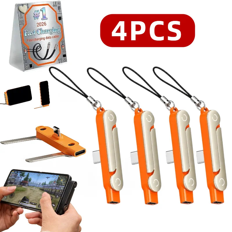 Four orange foldable USB-C to USB-C charging adapters and a smartphone being held.