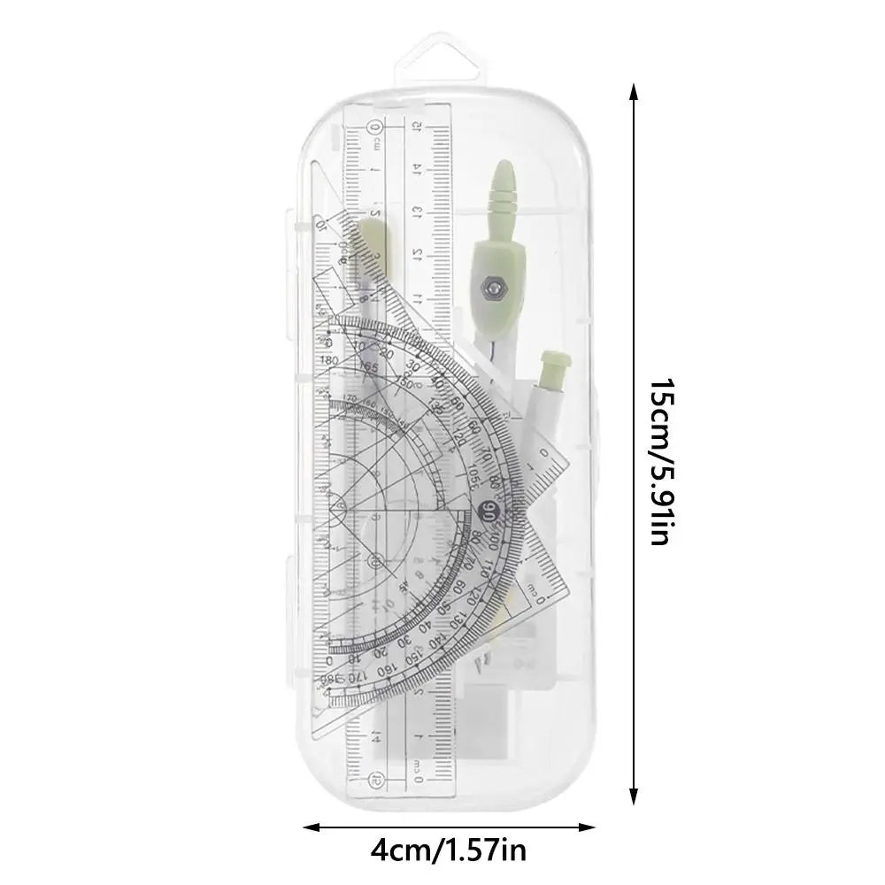 A transparent precision set of measuring tools with a graduated scale and various tips.