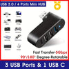 محول USB صغير أسود بأكثر من منفذ، يشمل USB 3.0 و USB 4 و USB C للأجهزة المختلفة