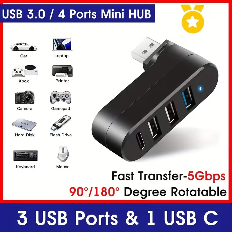 محول USB صغير أسود بأكثر من منفذ، يشمل USB 3.0 و USB 4 و USB C للأجهزة المختلفة