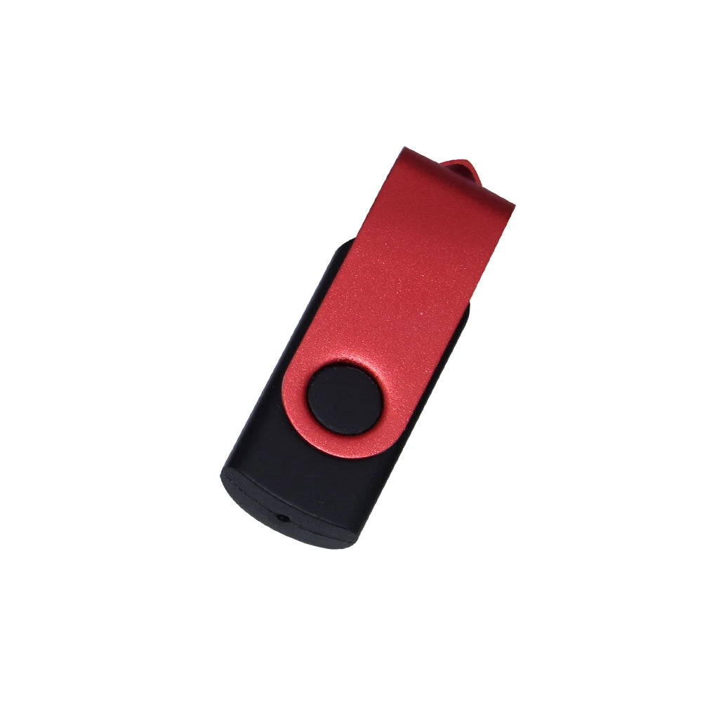 A red and black rotatable USB flash drive with a circular button.