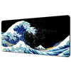 A graphic design featuring a large blue and white watercolor wave crashing against a black background with small white spray 