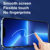 A hand touches a smartphone screen featuring a smooth, flexible glass protector with a fingerprint-free surface.