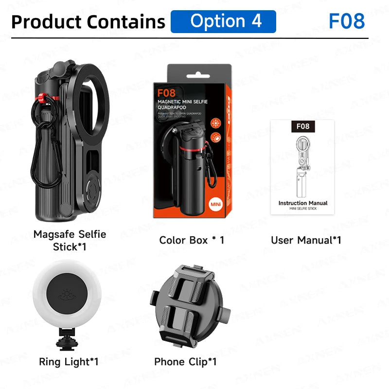 Magnetic mini selfie stick tripod kit including a phone clip and ring light
