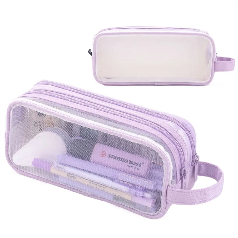 A purple transparent large-capacity pencil case with a clear window showing pens and pencils.