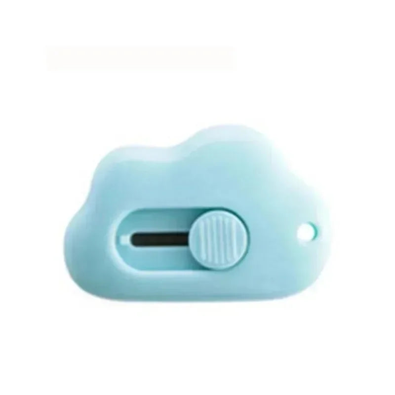 Light blue portable rabbit cloud letter opener and crafting tool with a round button.