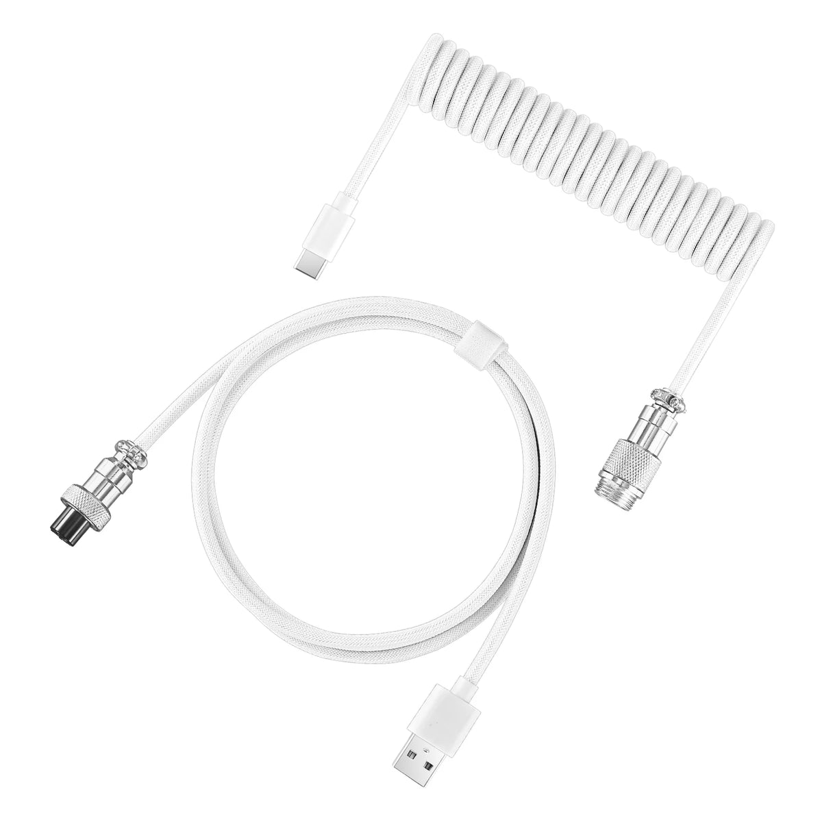 A white braided USB-C to USB keyboard cable with a flexible extension cord.