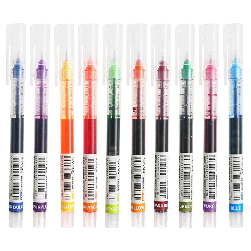 Bulk set of precision gel pens in various colors including purple, orange, yellow, green, and blue.