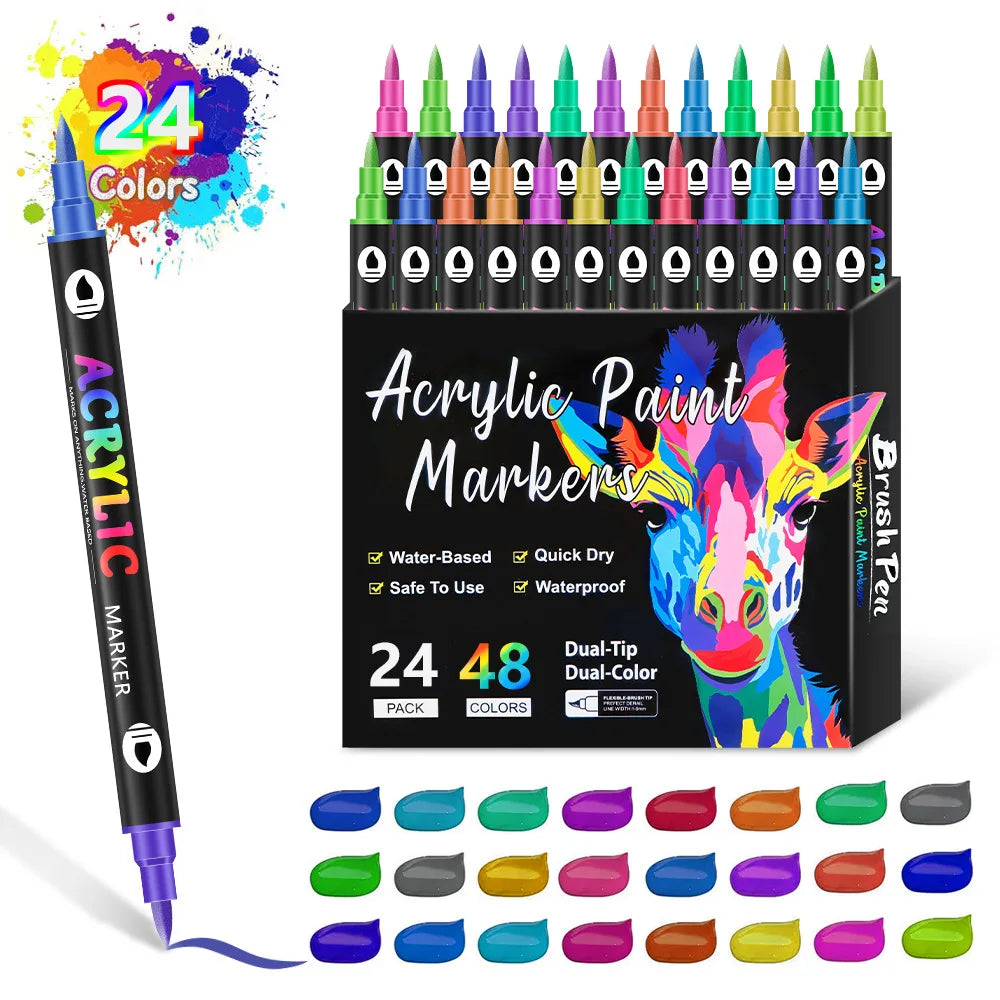 A set of 24 dual-tip acrylic paint markers in various colors packaged in a black box.