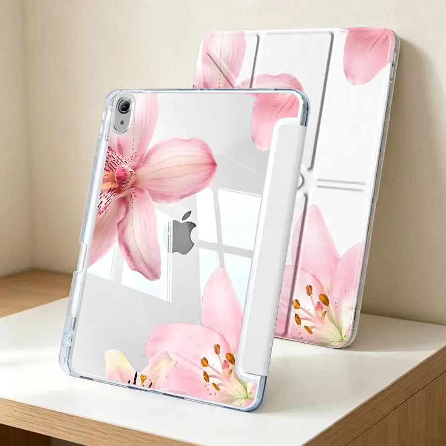 A clear silicone pen slot case for a tablet featuring a pink orchid floral design.