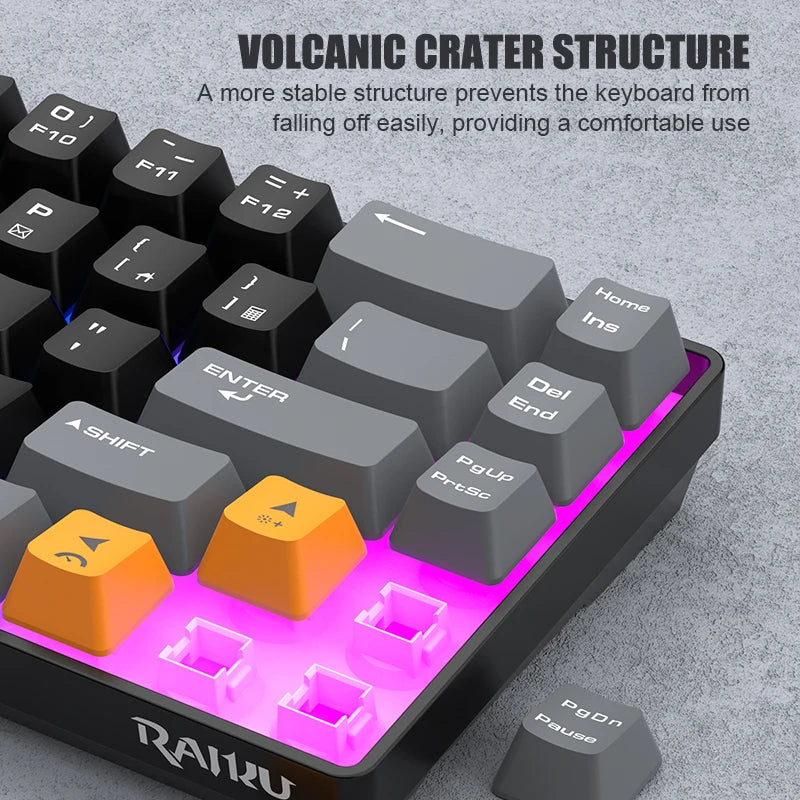 A close-up view of a black mechanical keyboard featuring a volcanic crater structure design and various function keys.