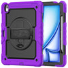 A purple heavy duty shockproof iPad case is shown open, revealing a tablet inside with a built-in screen protector and access