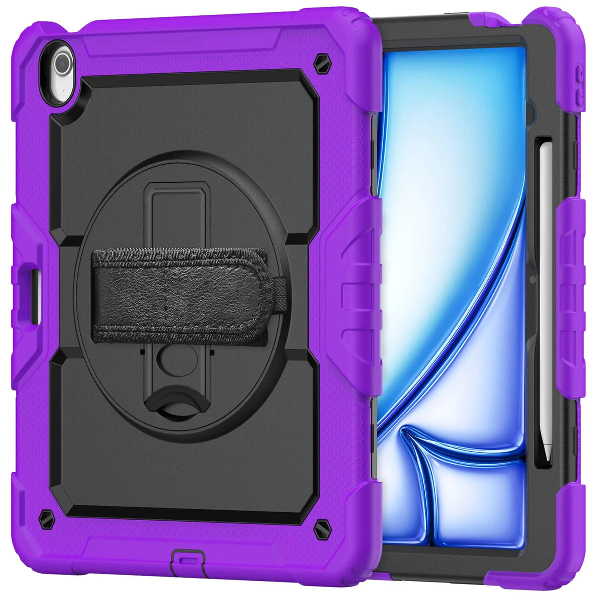 A purple heavy duty shockproof iPad case is shown open, revealing a tablet inside with a built-in screen protector and access