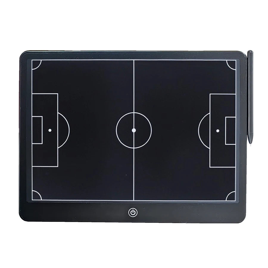 Schwarzes taktisches Strategie-Markerbrett mit Fußballfeld-Layout und Trainingsmarkierungen.
