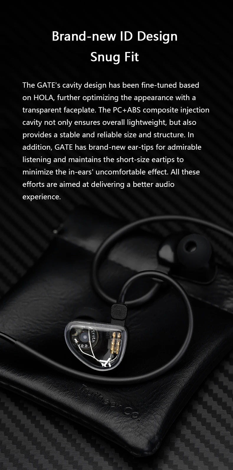 A close-up of a brand-new ID design ear tip resting on a black leather case.