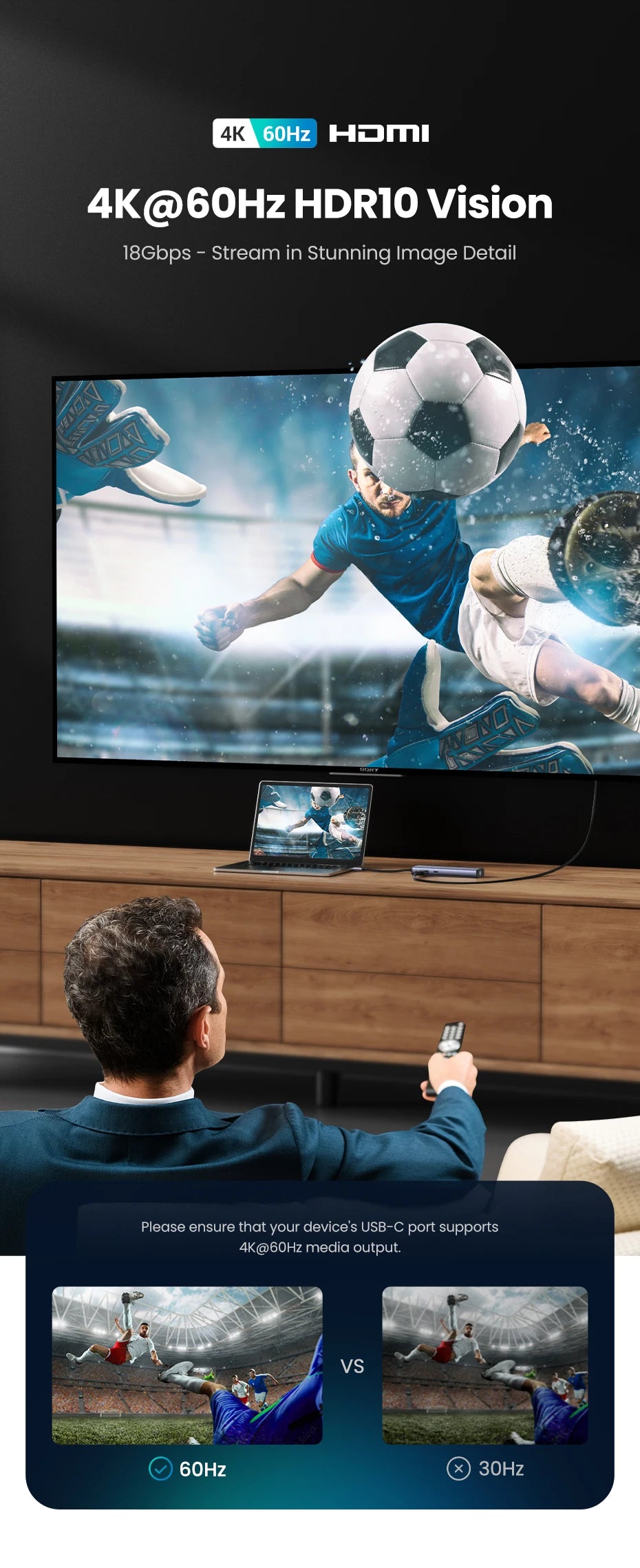 جهاز حاسوب محمول موصول بشاشة عرض 4K@60Hz HDR10 Vision، يوضح أداء موزع USB-C.