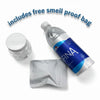 A clear water bottle and a free smell proof bag are shown with text indicating they are included.