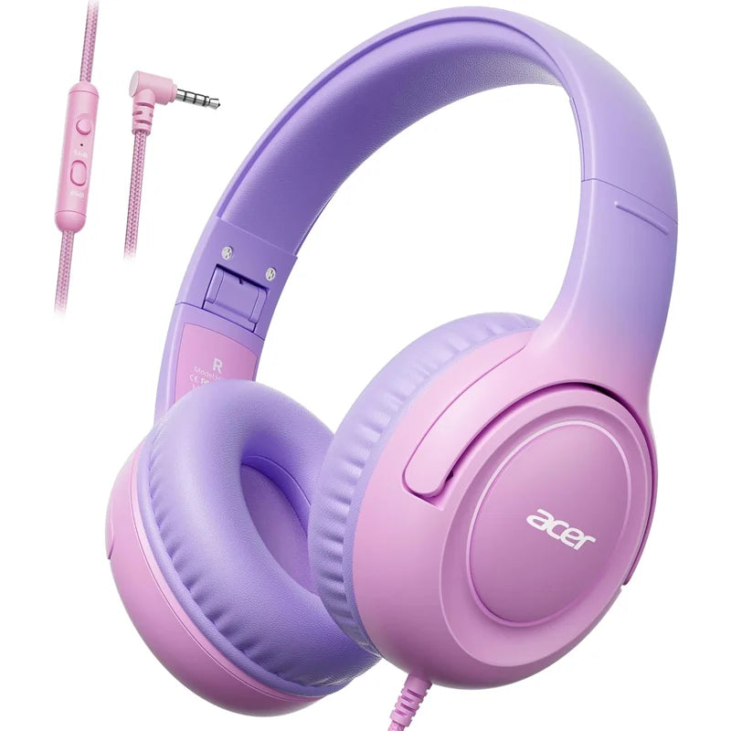 A pair of purple and pink wired headphones with a volume limiter and a detachable cord.