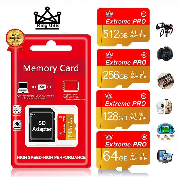 Embalaje rojo para tarjetas de memoria Extreme PRO, incluyendo versiones de 512GB, 256GB, 128GB y 64GB.