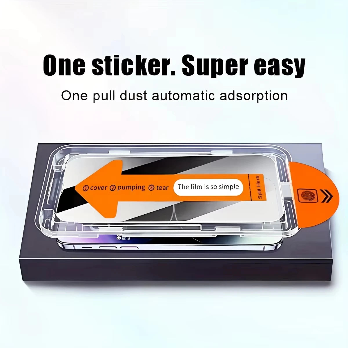A clear plastic package containing a sticker for automatic dust adsorption on a phone screen.